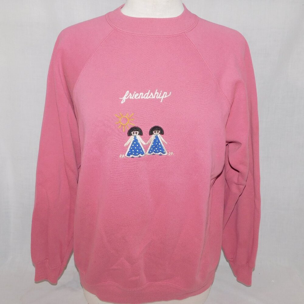 Vintage Girls Friendship Dusty Rose Pink Embroidered Sweatshirt Womens XL